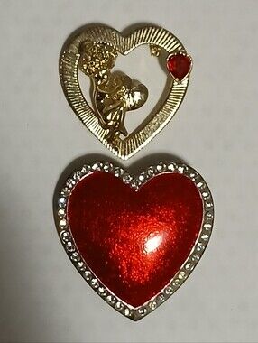 Bundle Of 2 Vintage Heart Pins Quirky Heart/Cupid Pin Red Enamel Rhinestones